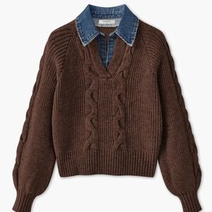 Commense Denim Panel Ribbed Lapel Sweater